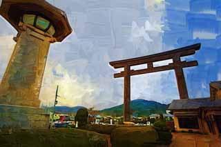 illustration,material,free,landscape,picture,painting,color pencil,crayon,drawing,Three-wheeled Shinto shrine Otorii, Shinto, Prevention against evil, Precincts, Shinto shrine gate