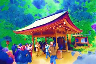 illustration,material,free,landscape,picture,painting,color pencil,crayon,drawing,Omiwa shrine small pavilion with water and ladles, I cleanse it, Water, Precincts, Worship
