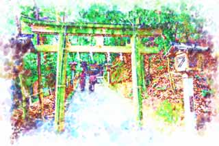 Illust, materieel, vrij, landschap, schilderstuk, schilderstuk, kleuren potlood, crayon, werkje,Omiwa heiligdom wijdde schat Shinto heiligdom, Shinto stro festoon, Voorkoming tegen kwaad, Terrein, Shinto