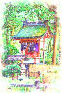 illustration,material,free,landscape,picture,painting,color pencil,crayon,drawing,Omiwa shrine, Shinto, Wife of chief zen-priest Pond, Precincts, paper appendix