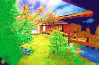 illust, material, livram, paisagem, quadro, pintura, lpis de cor, creiom, puxando,Ninna-ji Templo estudo pintou com laca preta, Musgo, jardim, Edifcio de Japons-estilo, A famlia imperial