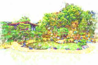 Illust, materieel, vrij, landschap, schilderstuk, schilderstuk, kleuren potlood, crayon, werkje,Ninna-ji Tempel noord tuin, Zand versperren, Ik ben Japanse-trant, Waterplas, Trant van Japanse tuin met een waterplas in het centrum tuin