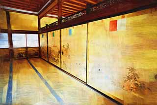 Illust, materieel, vrij, landschap, schilderstuk, schilderstuk, kleuren potlood, crayon, werkje,Ninna-ji Temple Shin-Den, Goud vel, Jap-trant kamer, Japans traditioneel schilderstuk, Gorgeousness