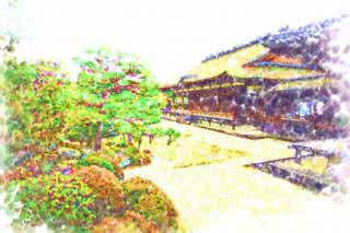 Illust, materieel, vrij, landschap, schilderstuk, schilderstuk, kleuren potlood, crayon, werkje,Ninna-ji Tempel noord tuin, Vijf Storeyed Pagoda, Ik ben Japanse-trant, Waterplas, Trant van Japanse tuin met een waterplas in het centrum tuin