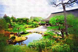 illustration,material,free,landscape,picture,painting,color pencil,crayon,drawing,Ninna-ji Temple north garden, Five Storeyed Pagoda, I am Japanese-style, pond, style of Japanese garden with a pond in the center garden