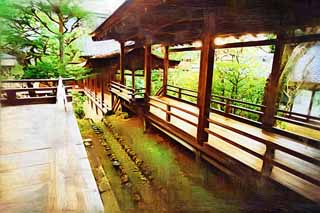 illustration,material,free,landscape,picture,painting,color pencil,crayon,drawing,Ninna-ji Temple soul Akira, passage, wooden building, handrail, Worship