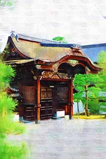 illustration,material,free,landscape,picture,painting,color pencil,crayon,drawing,Ninna-ji Temple gate for Imperial messengers, Openwork, I am luxurious, wooden building, Tang grass