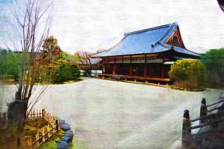illustration,material,free,landscape,picture,painting,color pencil,crayon,drawing,Ninna-ji Temple front yard of the Hall for state ceremonies, garden, Sand, The old aristocrat's house Imperial Palace, dry landscape Japanese garden