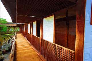 illust, matire, libre, paysage, image, le tableau, crayon de la couleur, colorie, en tirant,Devant de la jambe-repaire de temple Ninna-ji, shoji, btiment en bois, Sous l'avant-toit, couloir