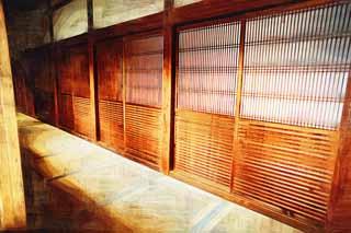 illust, material, livram, paisagem, quadro, pintura, lpis de cor, creiom, puxando,Ninna-ji templo Canela-guarida, shoji, edifcio de madeira, Debaixo dos beirados, tatami esteiram