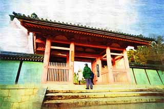 illustration,material,free,landscape,picture,painting,color pencil,crayon,drawing,Ninna-ji Temple gate built between the main gate and the main house of the palace-styled architecture in the Fujiwara period, I am painted in red, stone stairway, worshiper, world heritage