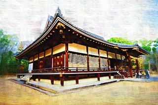illustration,material,free,landscape,picture,painting,color pencil,crayon,drawing,Ninna-ji Temple inner temple, The Imperial Court style, main room structure, Chaitya, world heritage