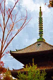 illust, matire, libre, paysage, image, le tableau, crayon de la couleur, colorie, en tirant,Temple Ninna-ji cinq pagode Storeyed, treillis, Caractres Sanskrits, Chaitya, patrimoine de l'humanit
