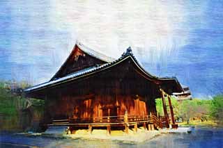 illustration,material,free,landscape,picture,painting,color pencil,crayon,drawing,Ninna-ji Temple Kannondo, Japanese architectural style, The Kannon-with-One-Thousand-Arms, Chaitya, world heritage