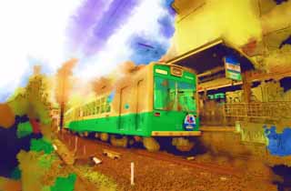 illustration,material,free,landscape,picture,painting,color pencil,crayon,drawing,Storm electric Myoshin-ji Temple Station, vehicle, Green, local line, sightseeing spot