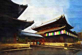 Illust, materieel, vrij, landschap, schilderstuk, schilderstuk, kleuren potlood, crayon, werkje,Myoshin-ji Tempel preek hal, Egen Kanzan, Woud bodem, De bloementuin paus, Tempel behorend bij de Zen sekte