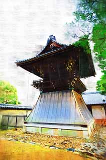 illust, matire, libre, paysage, image, le tableau, crayon de la couleur, colorie, en tirant,Tour de la cloche de Myoshin-ji Temple, Egen Kanzan, cloche de temple, Le pape du jardin de la fleur, temple qui appartient  la secte Zen