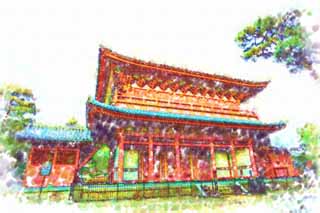 Illust, materieel, vrij, landschap, schilderstuk, schilderstuk, kleuren potlood, crayon, werkje,Myoshin-ji Temple Mikado, Egen Kanzan, Ik word in rood geschilderd, De bloementuin paus, Tempel behorend bij de Zen sekte