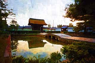 illustration,material,free,landscape,picture,painting,color pencil,crayon,drawing,Myoshin-ji Temple let go Pond, Egen Kanzan, gate for Imperial messengers, The flower garden pope, temple belonging to the Zen sect