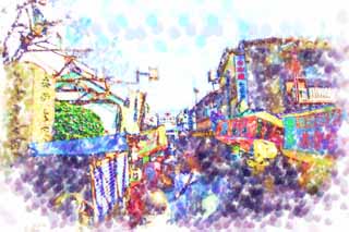 illustration,material,free,landscape,picture,painting,color pencil,crayon,drawing,The approach to Shibamata Taishaku-ten Temple, stand, fair, worshiper, Kimchi