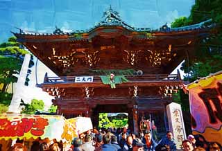 illustration,material,free,landscape,picture,painting,color pencil,crayon,drawing,The gate of Shibamata Taishaku-ten Temple, Deva gate, New Year's visit to a Shinto shrine, worshiper, Great congestion