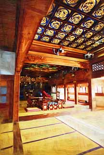 illust, matire, libre, paysage, image, le tableau, crayon de la couleur, colorie, en tirant,Le couloir principal de Shibamata Taishaku-dix Temple, les tatami nattent, sculpture, dragon, Accessoires d'autel bouddhistes