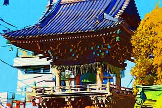 illustration,material,free,landscape,picture,painting,color pencil,crayon,drawing,Shibamata Sakra Deranam Indra bell tower, temple bell, Shinto straw festoon, roof tile, Buddhism