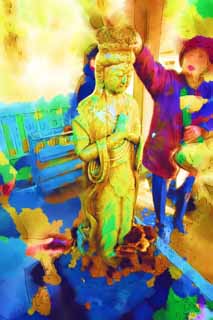 Illust, materieel, vrij, landschap, schilderstuk, schilderstuk, kleuren potlood, crayon, werkje,Ik ben de Kannon voor Shibamata Sakra Deranam Indra water, Kannon afbeelding, Trouw, Tempel, Boeddhisme