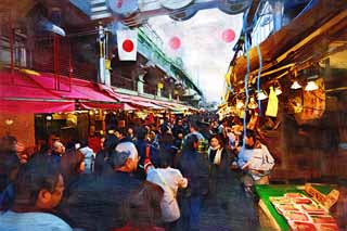 illustration,material,free,landscape,picture,painting,color pencil,crayon,drawing,Ameyoko-cho Arcade, national flag, crowd, Shopping, Good bargain