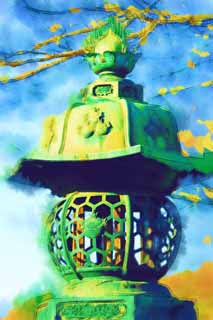 Illust, materieel, vrij, landschap, schilderstuk, schilderstuk, kleuren potlood, crayon, werkje,Shinobazunoike vrouw van de opperhoofd zen-preutsste tempel tuin lantaarn, Chaitya, Sarasvati, De Amagai bisschop, De Yanaka Seven Deities van Veel Geluk
