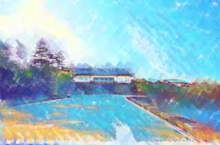 illustration,material,free,landscape,picture,painting,color pencil,crayon,drawing,The moat of the Imperial Palace, Edo-jo Castle, , Defense, An office town
