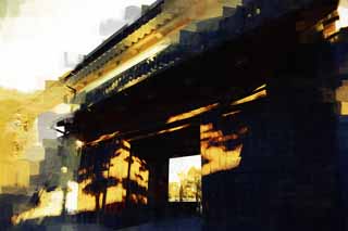 Illust, materieel, vrij, landschap, schilderstuk, schilderstuk, kleuren potlood, crayon, werkje,Imperiale Palace Sakurada-mon Poort, Ishigaki, Paleis, Watari passage onder een torentje, Edo-jo Kasteel