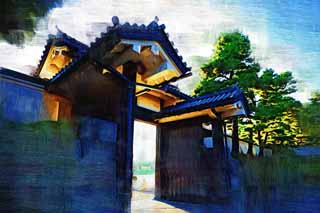 illust, materiale, libero panorama, ritratto dipinto, matita di colore disegna a pastello, disegnando,Palazzo imperiale Sakurada-mon il cancello, Ishigaki, palazzo, Il cancello di Korai, Edo-jo il Castello
