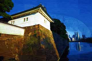 illustration,material,free,landscape,picture,painting,color pencil,crayon,drawing,Imperial Palace Sakurada-mon Gate, Ishigaki, moat, Watari passage under a turret, Edo-jo Castle