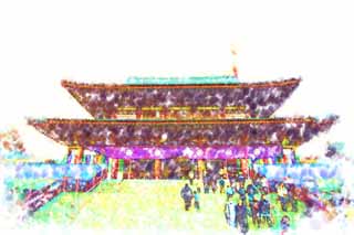 Illust, materieel, vrij, landschap, schilderstuk, schilderstuk, kleuren potlood, crayon, werkje,De Zojo-ji Tempel belangrijkste hal van een Boeddhist tempel, Chaitya, Het gezin tempel van de Tokugawas, Tadaomi bergplaats, De Tokugawas mausoleum