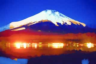 illust, material, livram, paisagem, quadro, pintura, lpis de cor, creiom, puxando,Mt. Fuji, Fujiyama, As montanhas nevadas, superfcie de um lago, Cu iluminado pelas estrelas