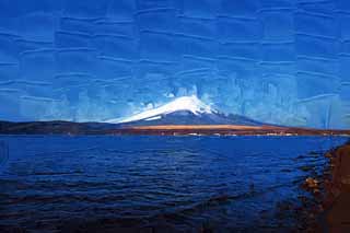 illust, material, livram, paisagem, quadro, pintura, lpis de cor, creiom, puxando,Mt. Fuji, Fujiyama, As montanhas nevadas, superfcie de um lago, cu azul