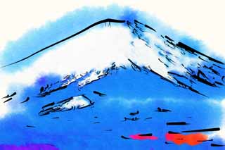 illust, materiale, libero panorama, ritratto dipinto, matita di colore disegna a pastello, disegnando,Mt. Fuji, Fujiyama, Le montagne nevose, Spruzzi di neve, Il mountaintop