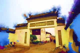 illustration,material,free,landscape,picture,painting,color pencil,crayon,drawing,The Zhujiajiao gate, white wall, Chinese style, sculpture, The history