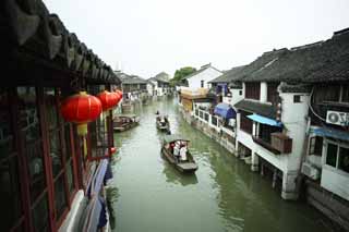 Foto, materiell, befreit, Landschaft, Bild, hat Foto auf Lager,Zhujiajiao-Kanal, Wasserstrae, Laterne, Hand-bedientes fischendes Bootsschiff, Tourist