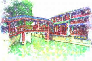 illustration,material,free,landscape,picture,painting,color pencil,crayon,drawing,Zhujiajiao corridor bridge, waterway, wooden bridge, I am painted in red, bridge with the roof