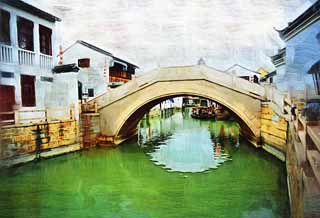 illust,tela,gratis,paisaje,fotografa,idea,pintura,Lpiz de color,dibujo,Zhujiajiao templo, Canal navegable, Puente de piedra, Un puente arqueado, Embarcacin de turismo