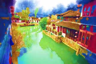 illust, material, livram, paisagem, quadro, pintura, lpis de cor, creiom, puxando,Canal de Zhujiajiao, via fluvial, A superfcie da gua, Ishigaki, parede branca