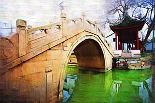 illustration,material,free,landscape,picture,painting,color pencil,crayon,drawing,The whole Zhujiajiao Kannon Bridge, waterway, stone bridge, An arched bridge, An arbor
