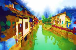 illust, material, livram, paisagem, quadro, pintura, lpis de cor, creiom, puxando,Canal de Zhujiajiao, via fluvial, A superfcie da gua, Ishigaki, parede branca