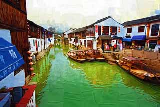 Illust, materieel, vrij, landschap, schilderstuk, schilderstuk, kleuren potlood, crayon, werkje,Zhujiajiao kanaal, Vaarwater, De oppervlakte van het water, Overhandig-arbeidde vissersboot schip, Toeristisch