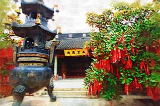 illust, material, livram, paisagem, quadro, pintura, lpis de cor, creiom, puxando,Templo de Zhujiajiao, Chaitya, Um abajur de incenso, conta, desejo
