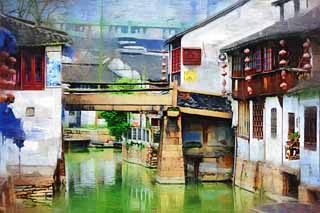 illust,tela,gratis,paisaje,fotografa,idea,pintura,Lpiz de color,dibujo,Canal de Zhujiajiao, Canal navegable, La superficie del agua, Ishigaki, Pared blanca