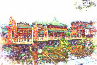 illust, matire, libre, paysage, image, le tableau, crayon de la couleur, colorie, en tirant,Yuyuan Garden coeur d'une charmille de lac, Joss logent le jardin, , tang, Btiment chinois