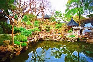 illustration,material,free,landscape,picture,painting,color pencil,crayon,drawing,Mt. Yuyuan Garden command temple, Joss house garden, , Chinese food style, pond